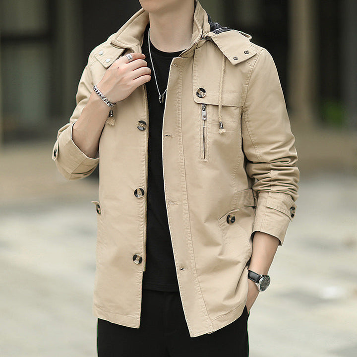 Herr Lätt Canvas Fält Parka med Huva, Bröst Zip och Justerbar Midja Tabs