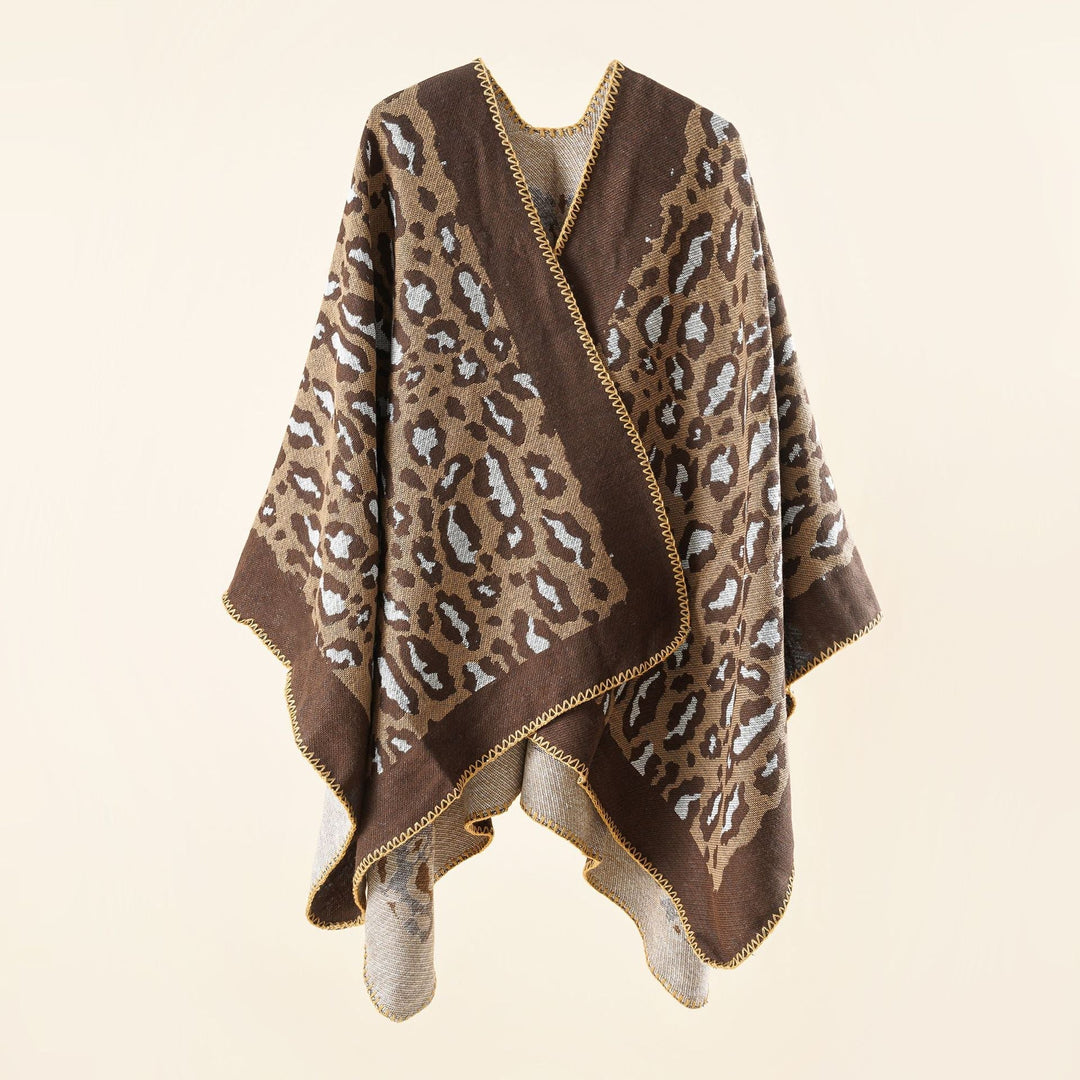 Dam chunky woven jacquard cloak med leopardprint och open kimono silhuett