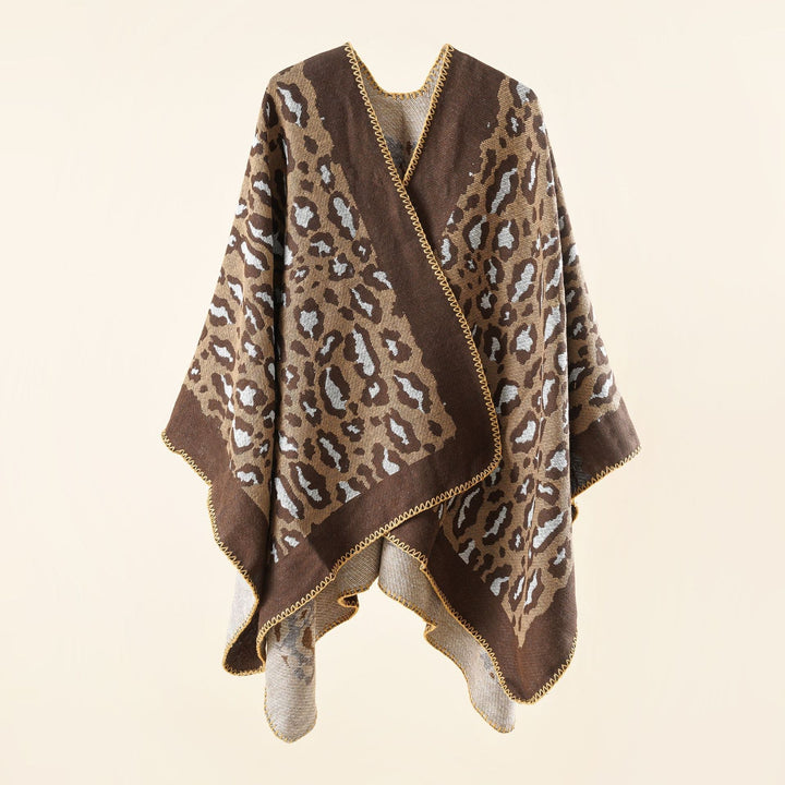 Dam chunky woven jacquard cloak med leopardprint och open kimono silhuett