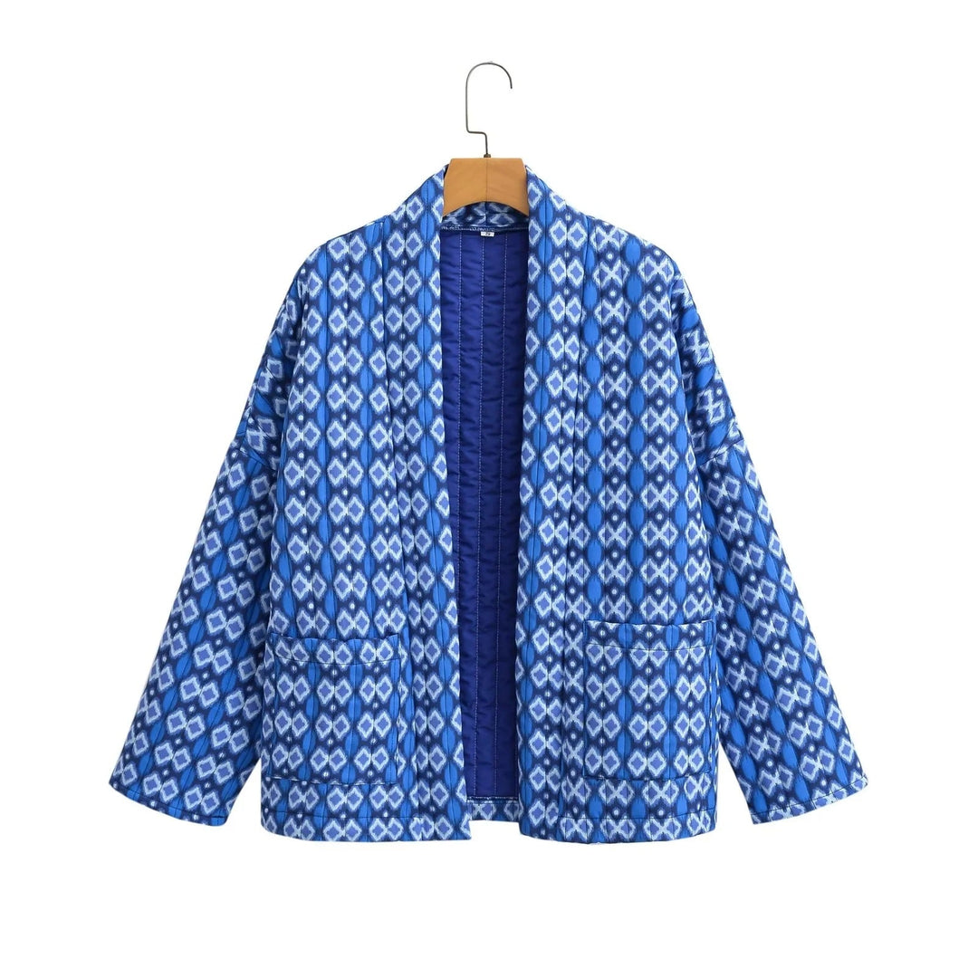 Dam mönstrad Kimono kviltad jacka med Open fram och utanpåfickor