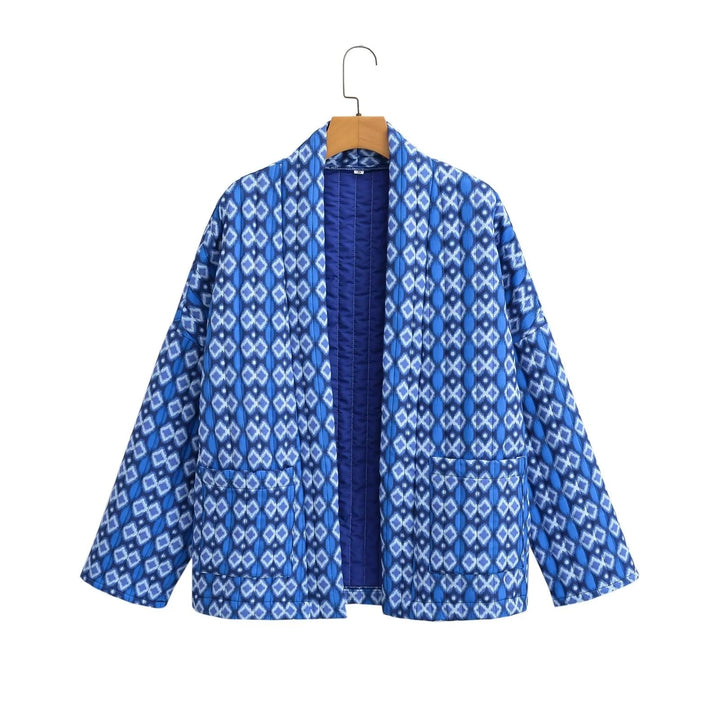 Dam mönstrad Kimono kviltad jacka med Open fram och utanpåfickor