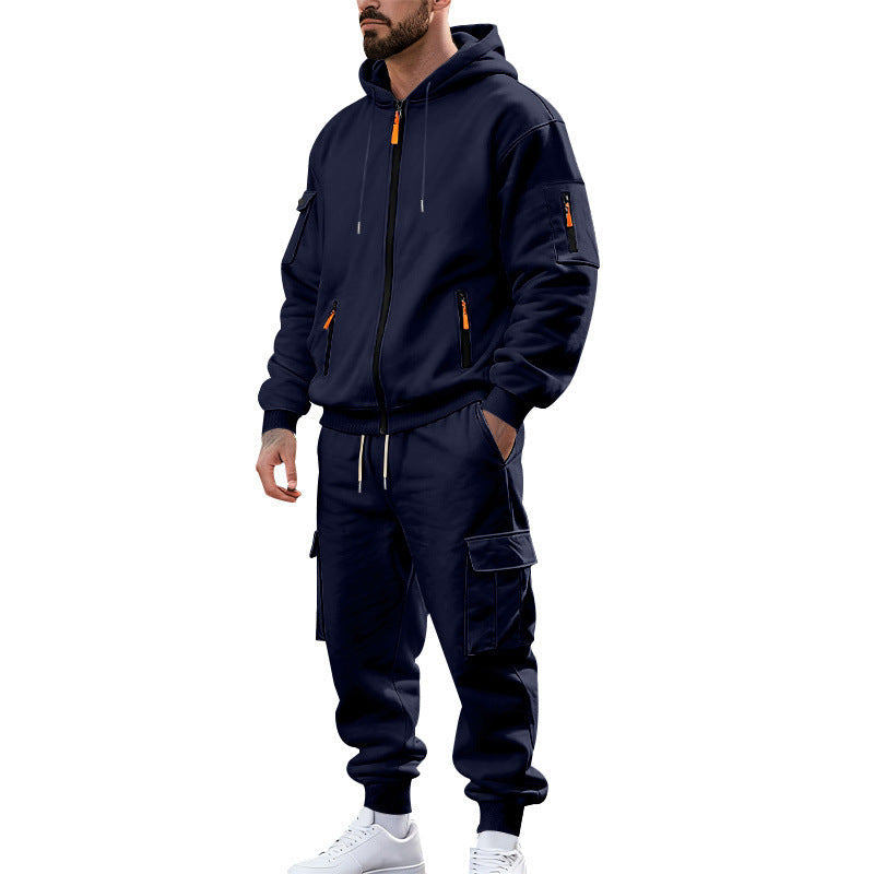 Herr Nano Urban Funktionell Cargo Sweat Set med Luvtröja, Zippered Fickor, och Tapered Cargo Jogger