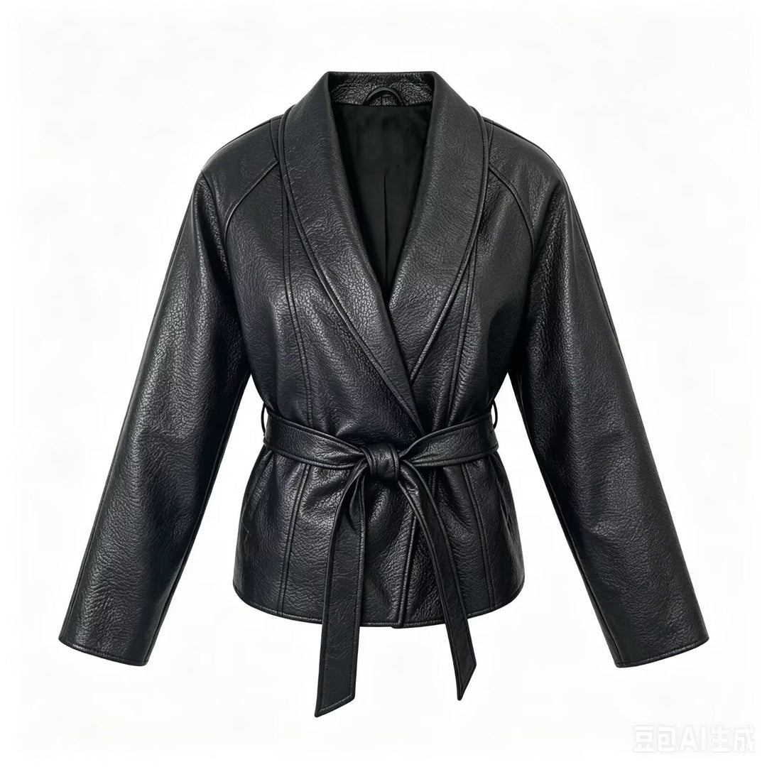 Dam Tailored Jacka i Konstläder med Shawl Krage och Belt