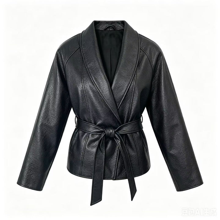 Dam Tailored Jacka i Konstläder med Shawl Krage och Belt