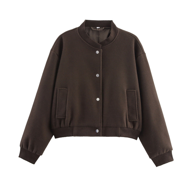 Dam Kort Oversize Collegejacka i Ull Blend med Tryckknapp Knapp Stängning, Side Fickor och Ribbed Muddar
