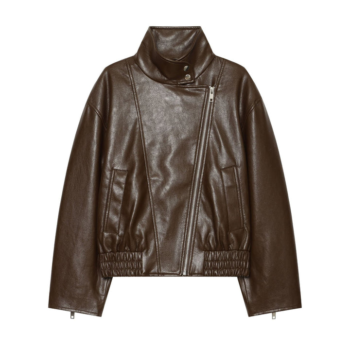 Dam Kort Skärning Faux Läder Blouson Jacka med Funnel Krage, Asymmetric Dragkedja och Smocked Nederkant