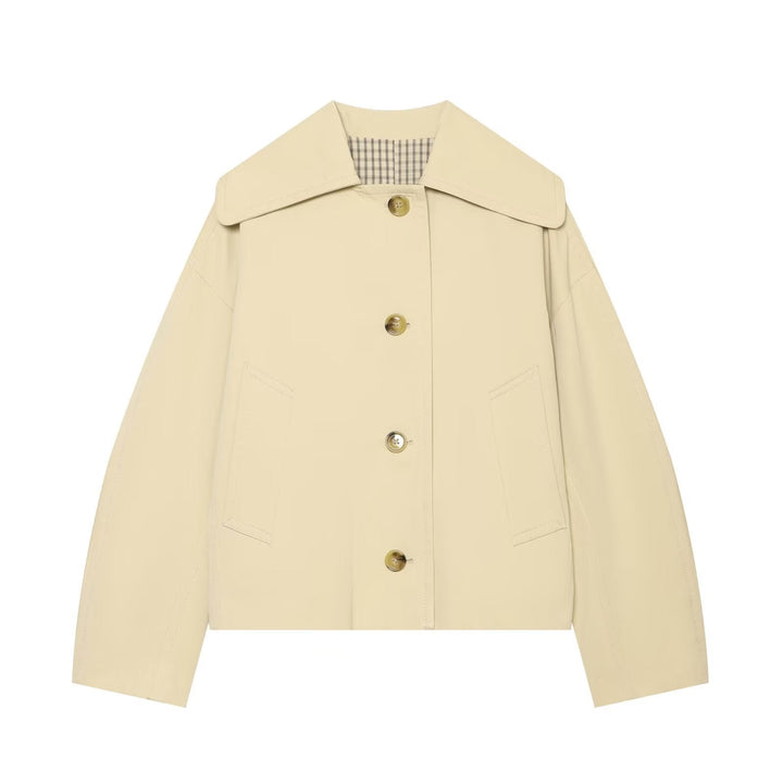 Dam Kort Utility Blouse med Oversize Lapel Krage och Horn Knapp Front