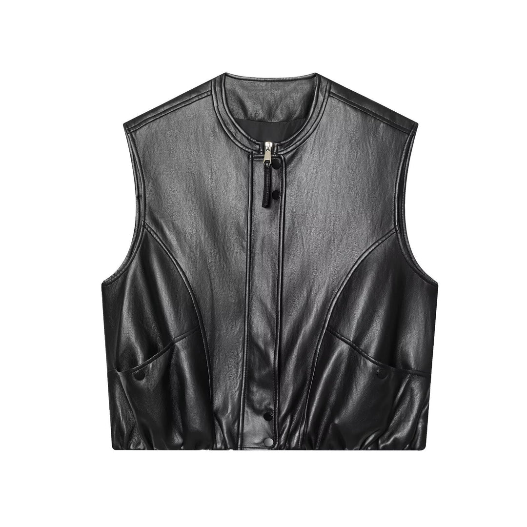 Dam Sleeveless Läder-Look Väst med Stå Krage, Two-Way Dragkedja och Lock Fickor