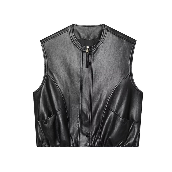 Dam Sleeveless Läder-Look Väst med Stå Krage, Two-Way Dragkedja och Lock Fickor