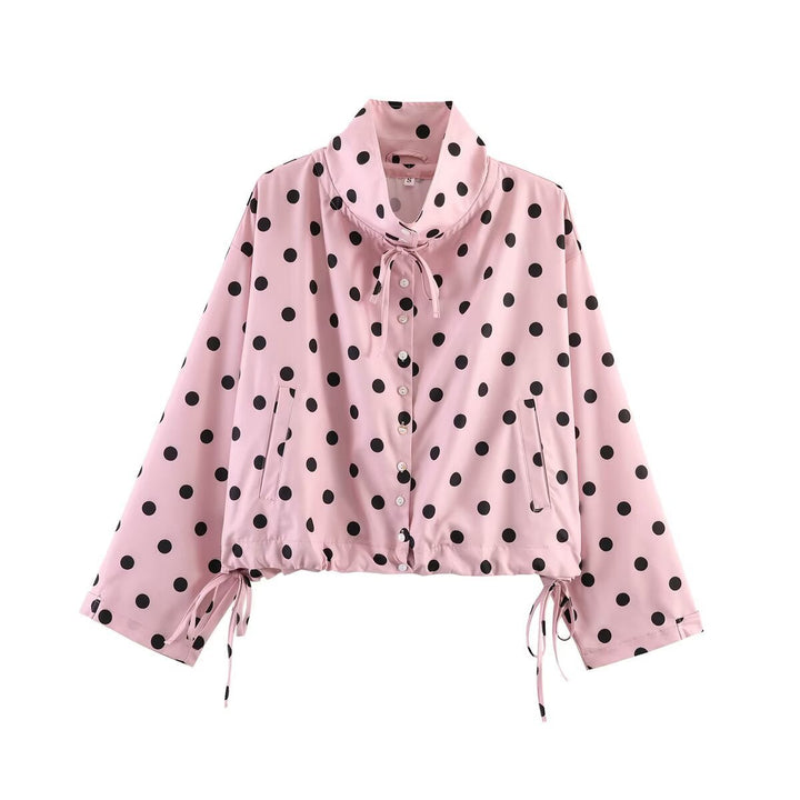 Dam kort Polka Dot Transition jacka med ståkrage, fåll med dragsko och knappslå