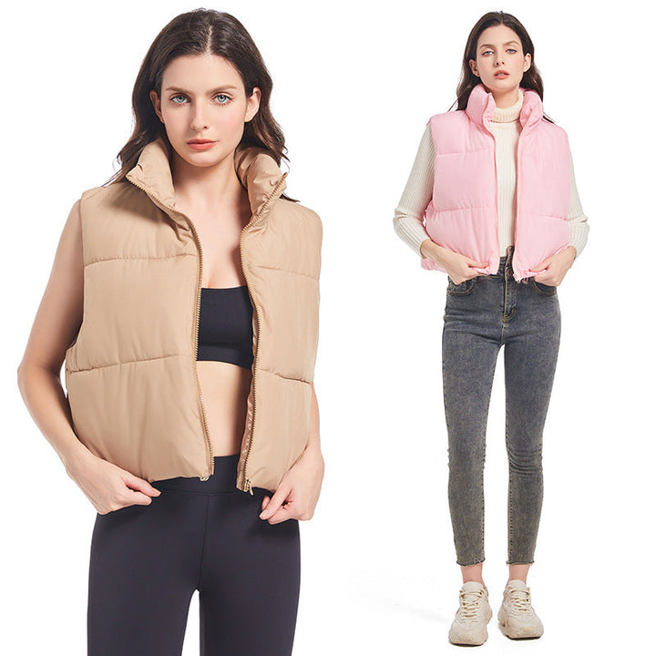 Dam ultra-light kort vadderad väst med high ståkrage, two-way dragkedja och adjustable drawstring fåll