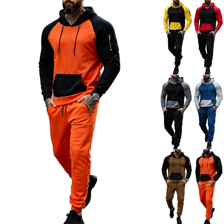 Herr Two-Piece med Huva Sweat Set med Raglanärmar, Ärm Dragkedja Ficka, och Tapered Jogging Byxor