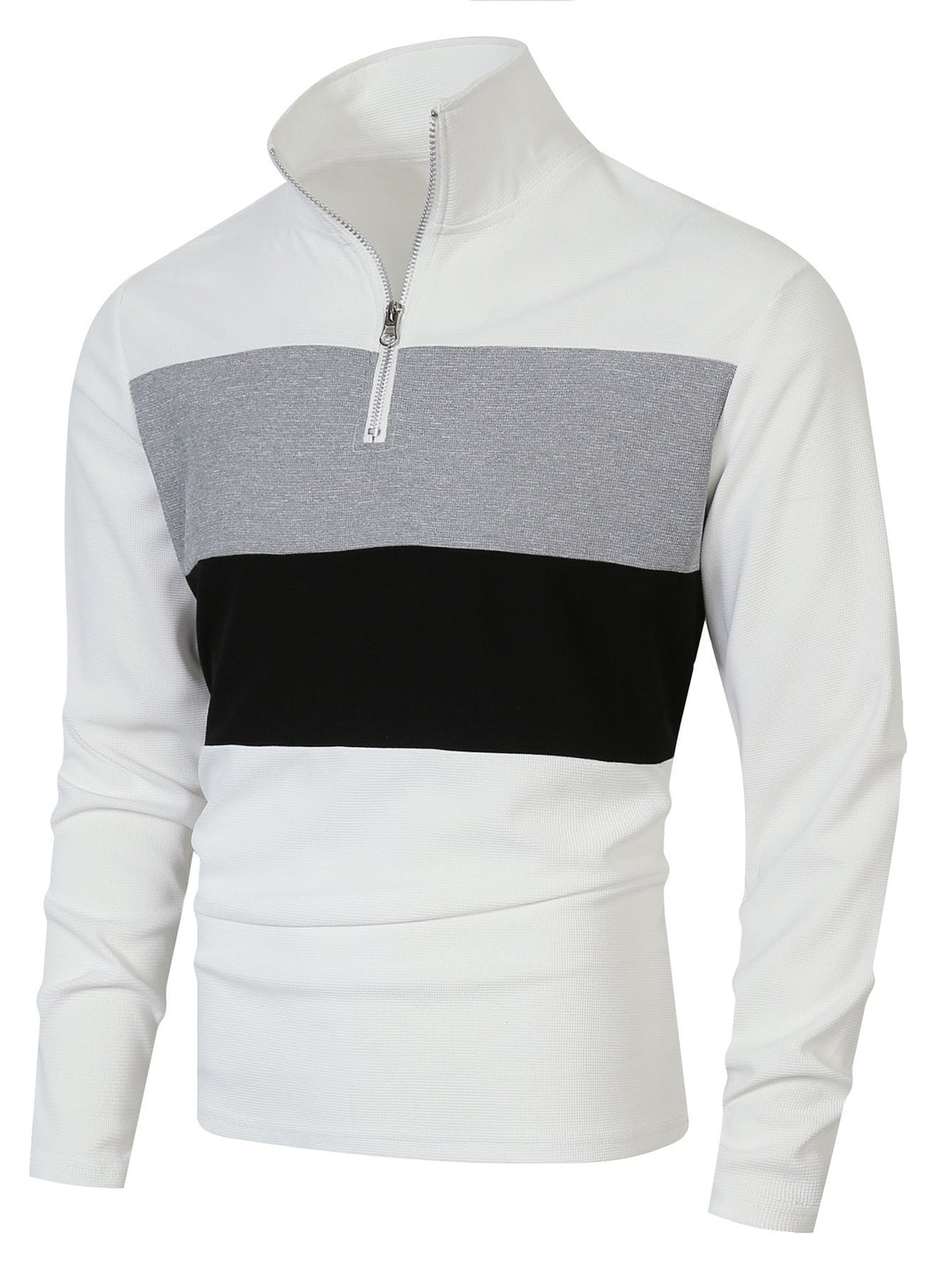 Herr Halv Dragkedja Pullover med Ståkrage, Bred Block Rand, och Finely Ribbad Texture