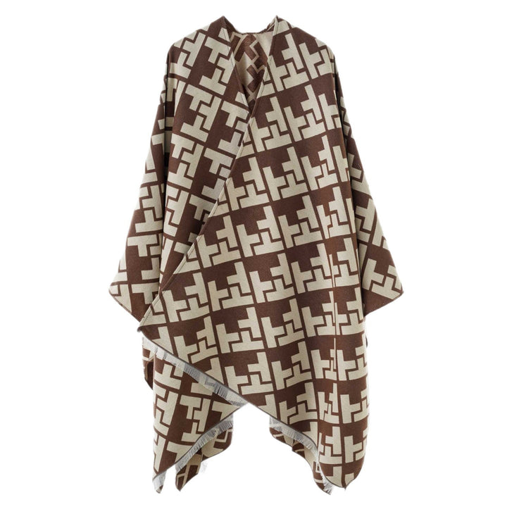 Dam Oversize Jacquard capeponcho tillverkad av ullblandning med geometric mönster och fringes