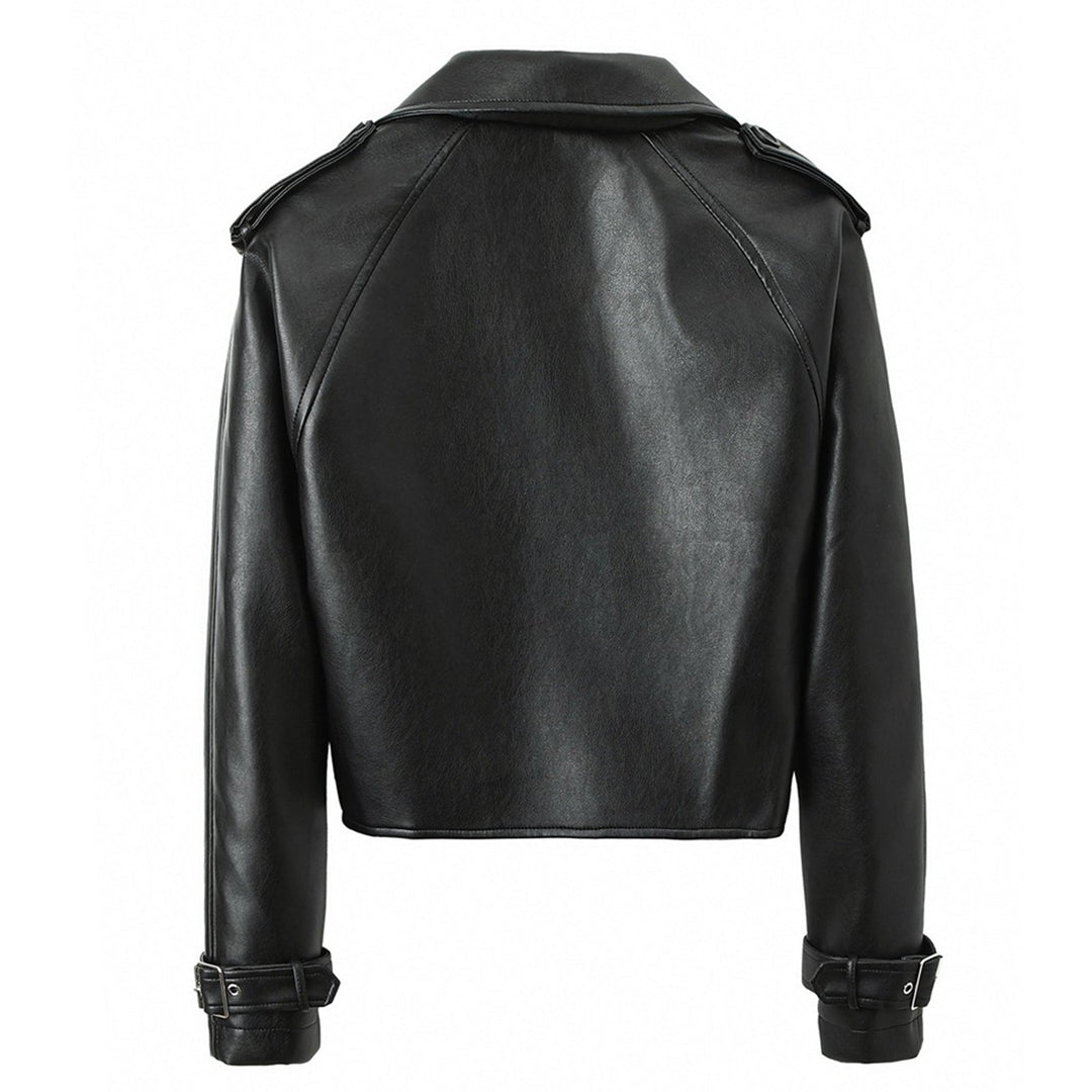 Dam kort Biker trench gjord mjuk konstläder med shoulder straps och buckle muddar