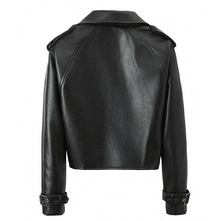 Dam kort Biker trench gjord mjuk konstläder med shoulder straps och buckle muddar