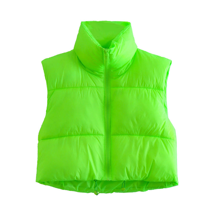 Dam Kort Quiltad Väst med Hög Stå Krage, Lätt Puffer Look och Justerbar Nederkant