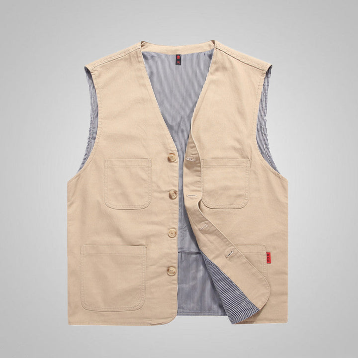 Herr Sleeveless Utility Canvas Väst med V-Neck, Knapplist, och Utanpåfickor
