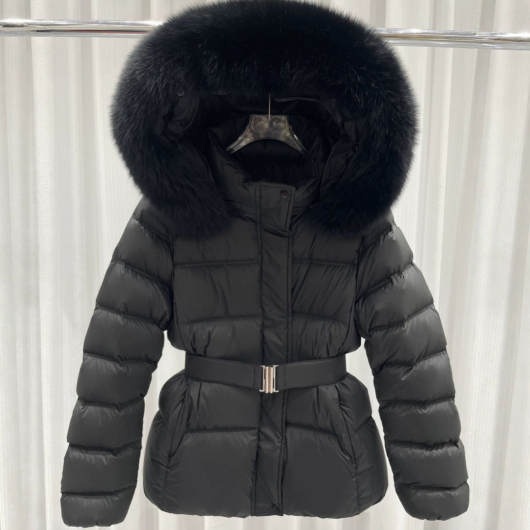 Dam skräddad kviltad pufferjacka med bälte, hög krage och Removable Fur Trim