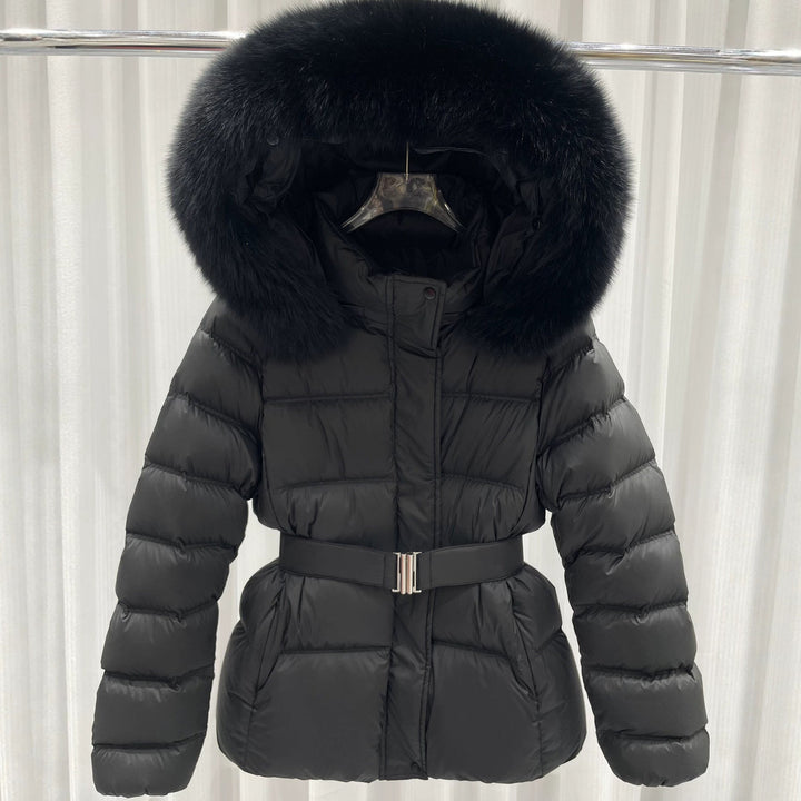 Dam skräddad kviltad pufferjacka med bälte, hög krage och Removable Fur Trim