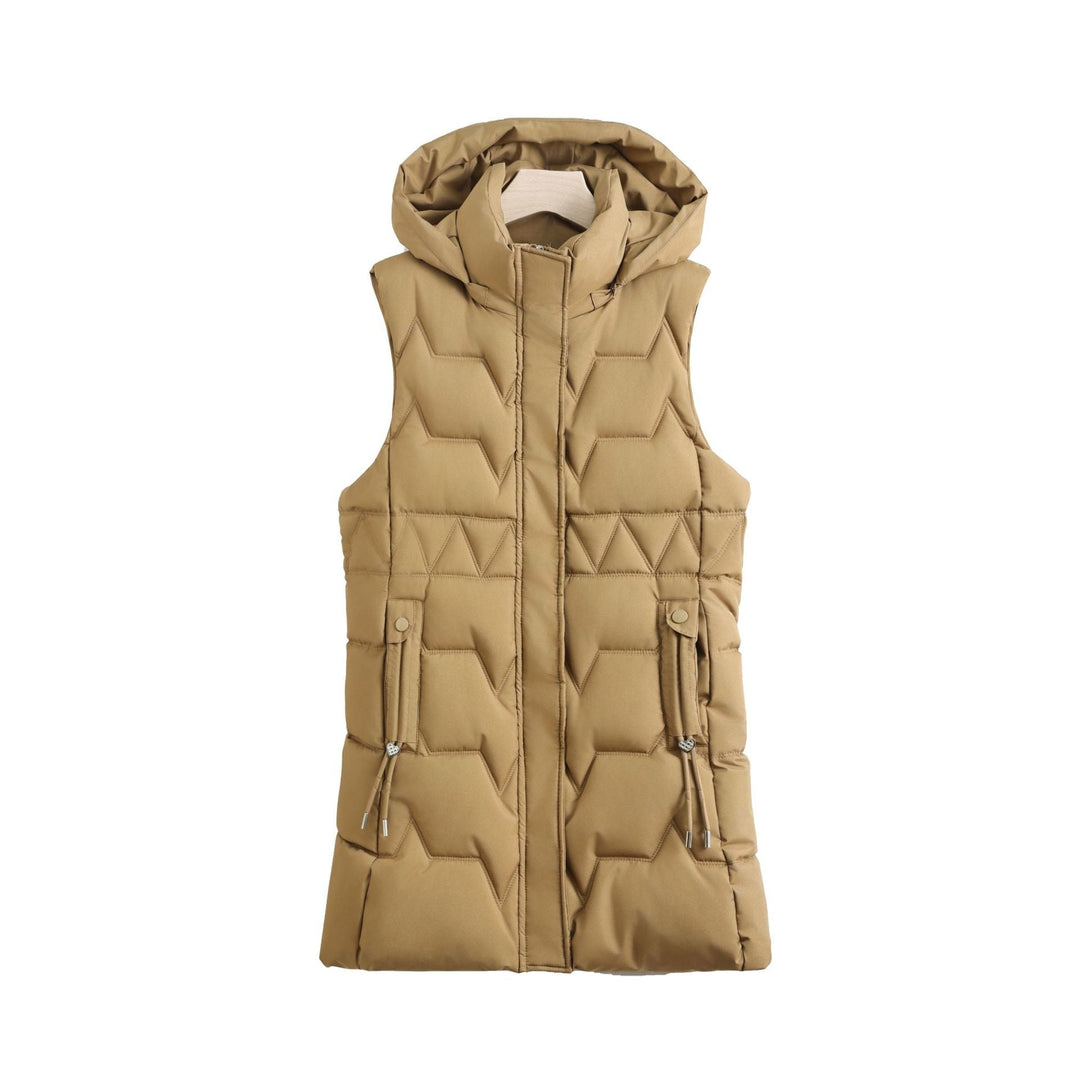 Dam sleeveless quiltad lång väst med huva, adjustable drawstrings och concealed dragkedja