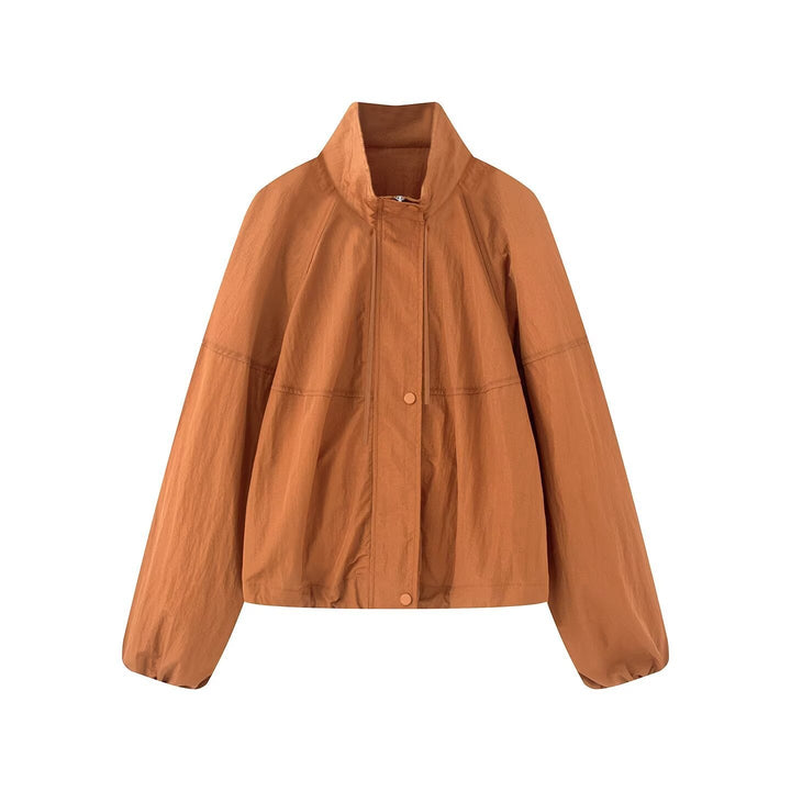 Dam Lätt Oversize Blouson Jacka Tillverkad av Nylon med Stå Krage, Drawstring och Tryckknapp Knapp Stängning