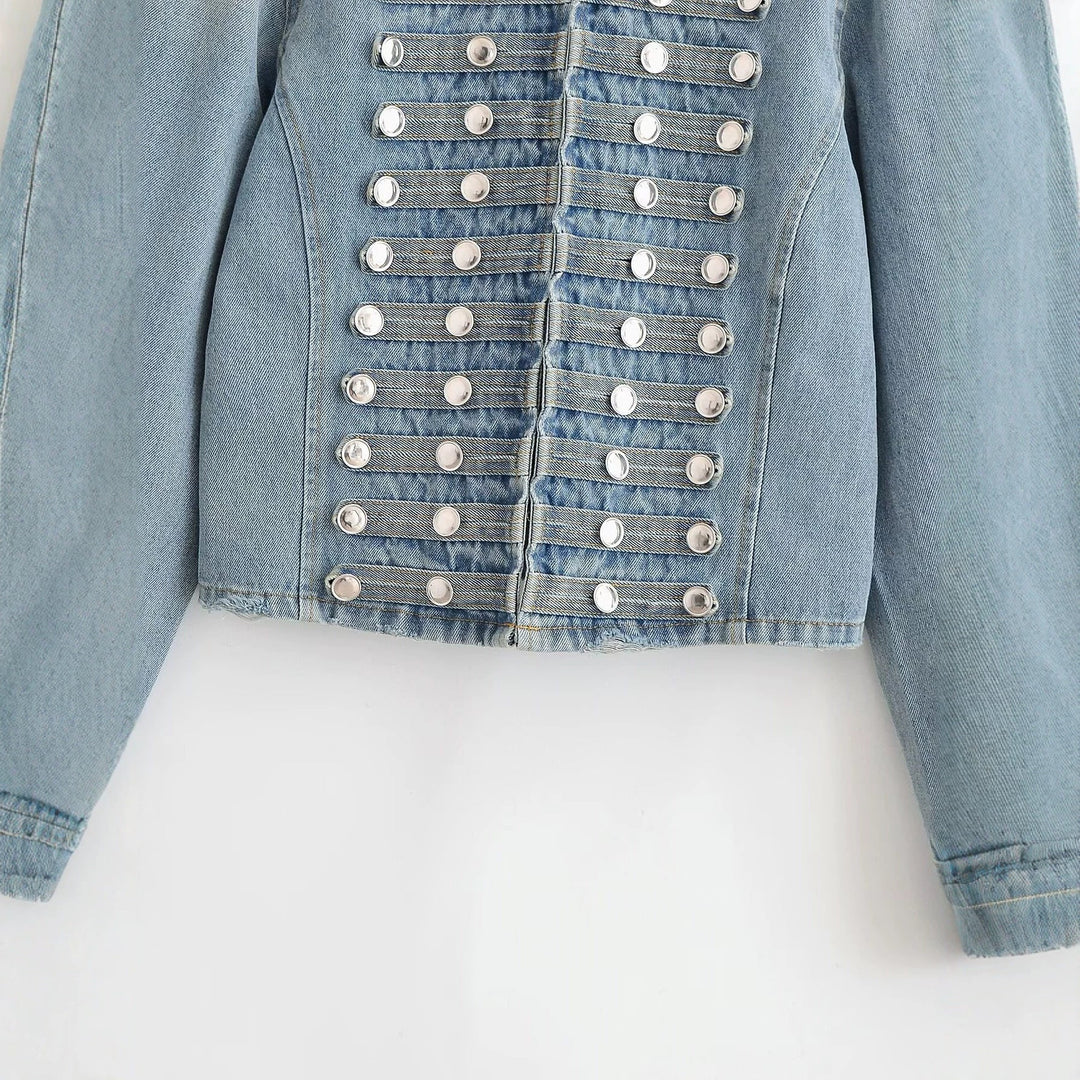 Dam Kort Denimjacka med Military Piping och Dekorativ Metal Knappar