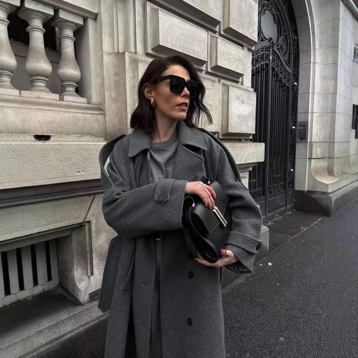 Dam lång ull trenchcoat med knytband