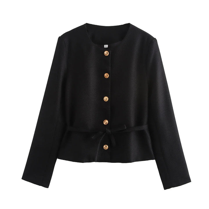 Dam figursydd button jacka med round neckline, waist tie bälte, och fine woven texture
