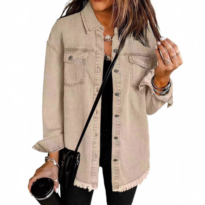 Dam oversize denim skjortjacka med Fringes och bröstfickor
