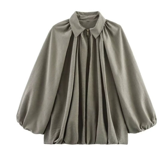 Dam 100+ Wide Gathered Blouse Jacka med Skjort Krage och Front Dragkedja