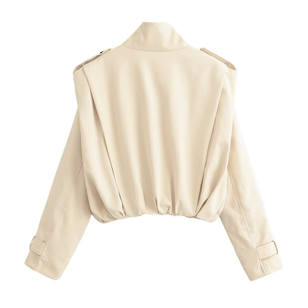 Dam Kort Double-Breasted Trenchcoat med Stå Krage, Shoulder Straps och Elastic Nederkant