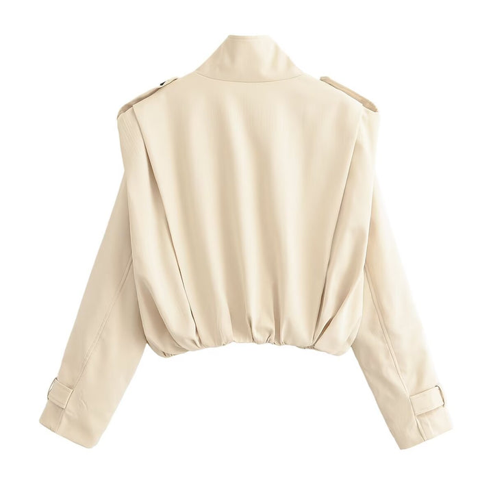 Dam Kort Double-Breasted Trenchcoat med Stå Krage, Shoulder Straps och Elastic Nederkant