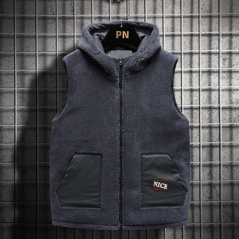 Herr Vadderad Teddy Fleece Väst med Huva, Hel Dragkedja och Letter Patch