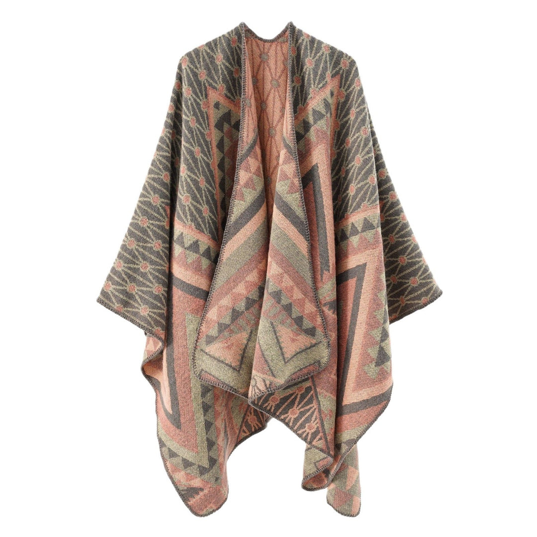 Dam Structured Jacquard poncho Overlay med Graphic Ethno mönster och Open kimono Fall