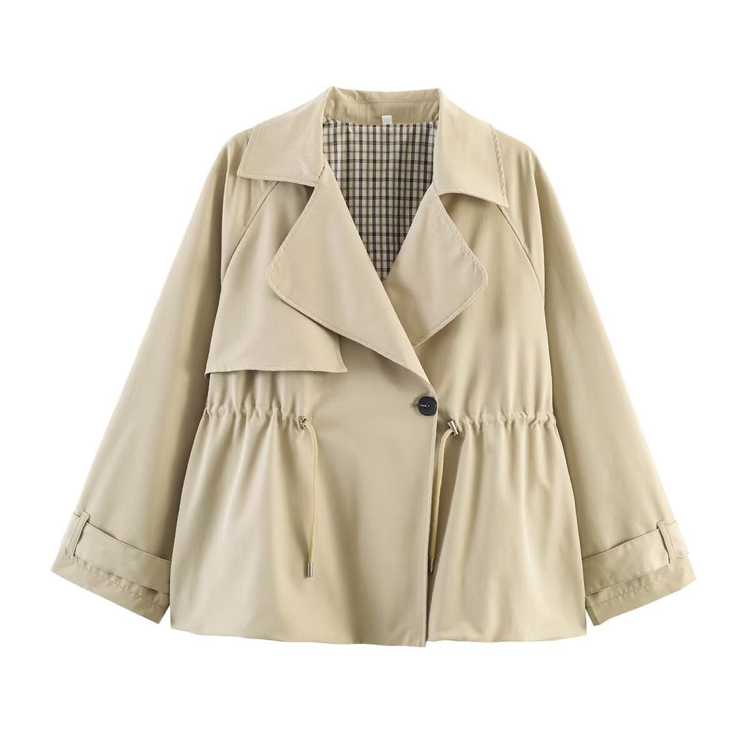 Dam Kort Trench-Stil Jacka med Midja med Dragsko och Check Foder