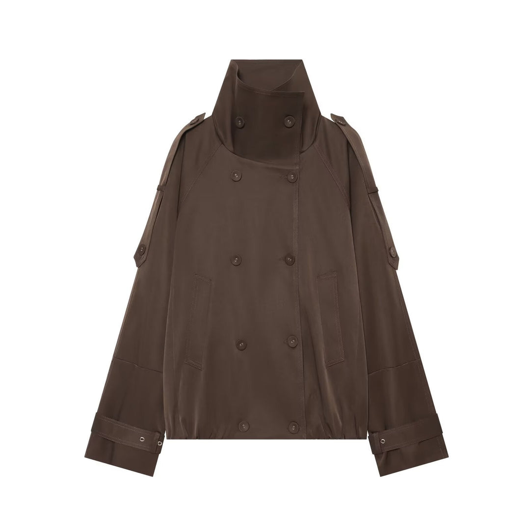 Dam Cape-like kort Double-breasted trenchcoat med hög ståkrage och justerbar muddar