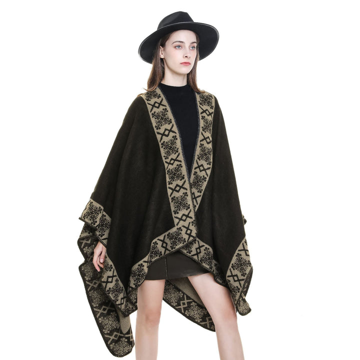 Dam oversized poncho cape tillverkad av ullblandning med woven border jacquard och decorative chain stitch