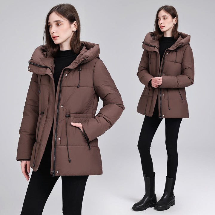 Dam vadderad Mid-Length Parka med huva, Drawstring Waist och dragkedja fickor