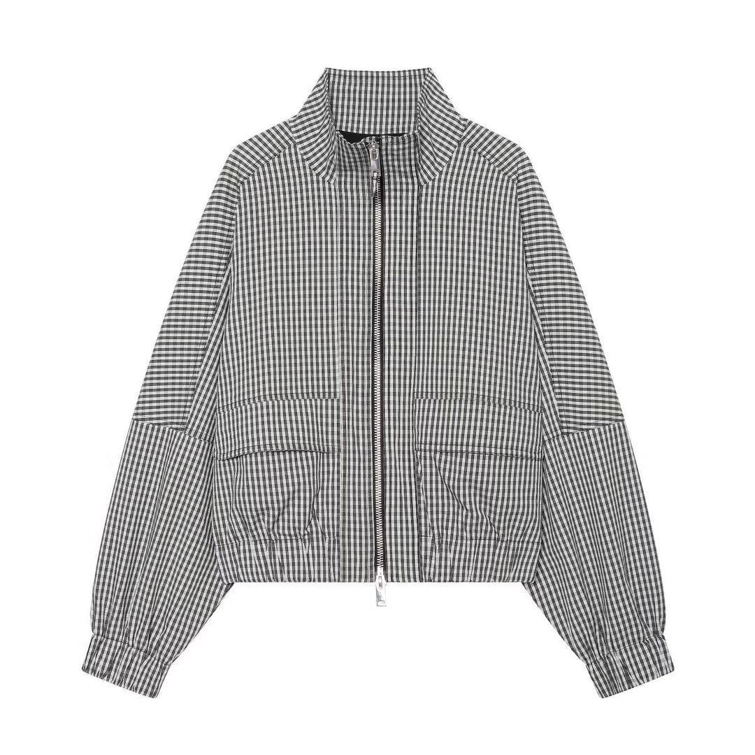 Dam Checked Kort Blouson med Stå Krage, Dragkedja och Elastic Nederkant