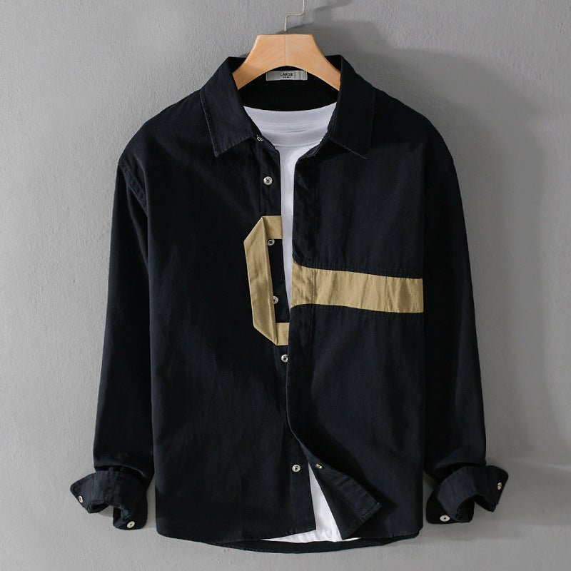Herr Casual Overshirt Skjorta med Geometrisk Kontrast Rand och Tryckknapp Slå