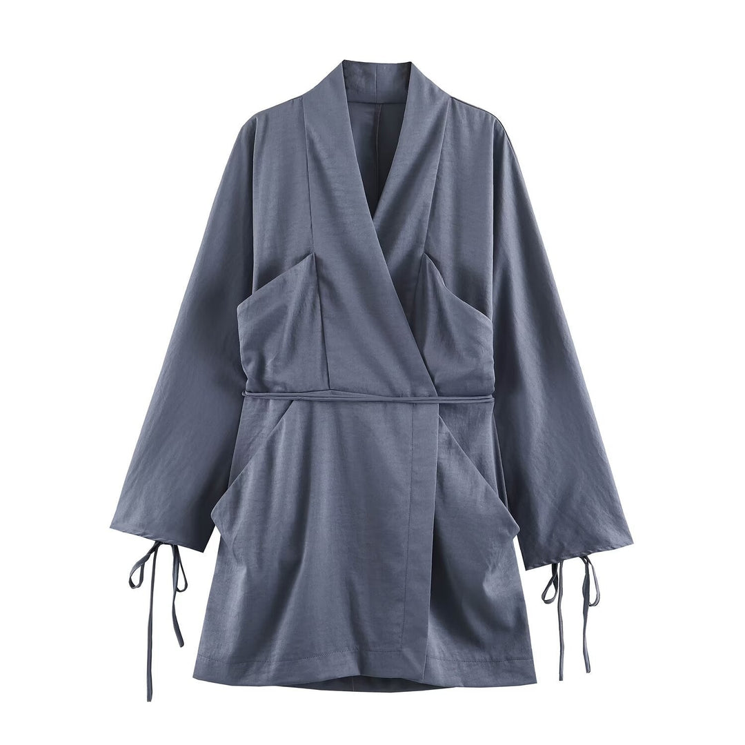 Dam Kimono Wrap Jacka med Waist Belt, Wide Ärmar och Asymmetrisk Patch Fickor