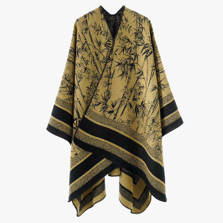 Dam Jacquard poncho i Cape stil med Bamboo design och öppen front
