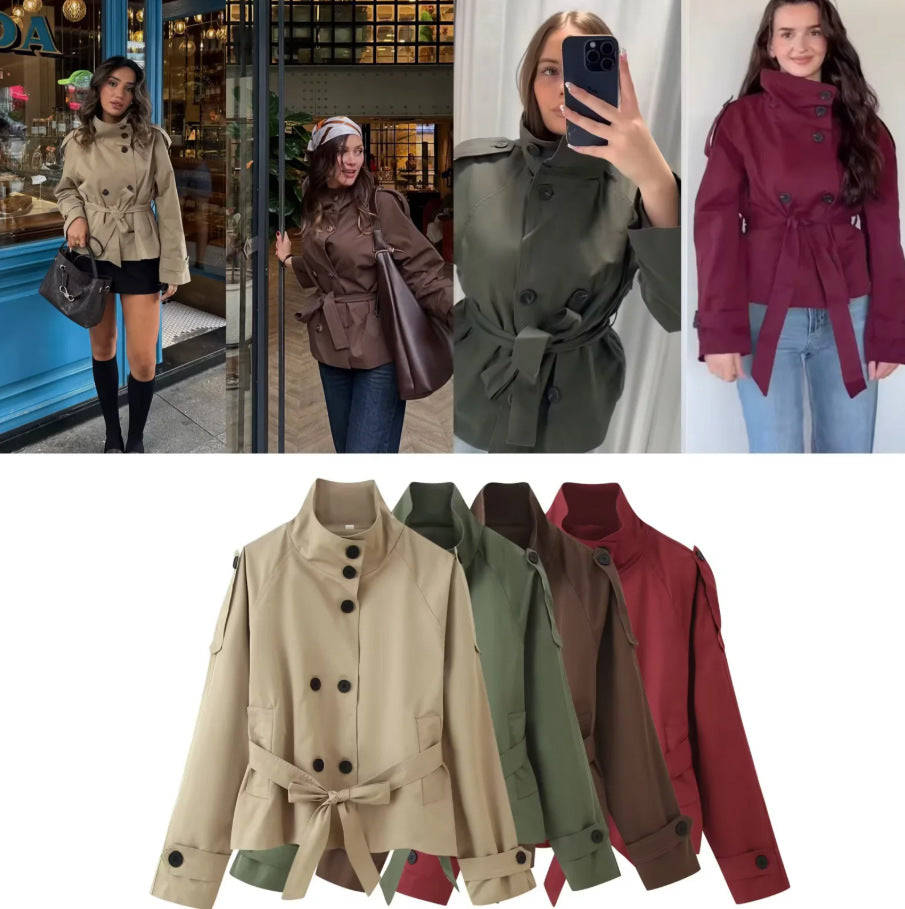 Dam 400+ Kort Fitted Trench Jacka med Stå Krage, Double-Breasted Knapp Knäppning och Belt