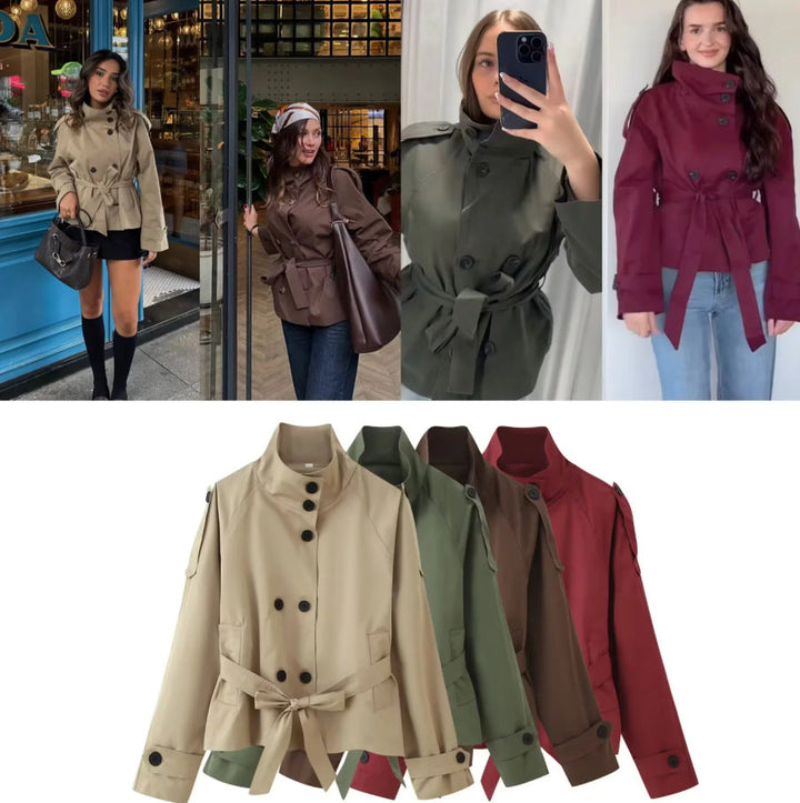 Dam 400+ Kort Fitted Trench Jacka med Stå Krage, Double-Breasted Knapp Knäppning och Belt