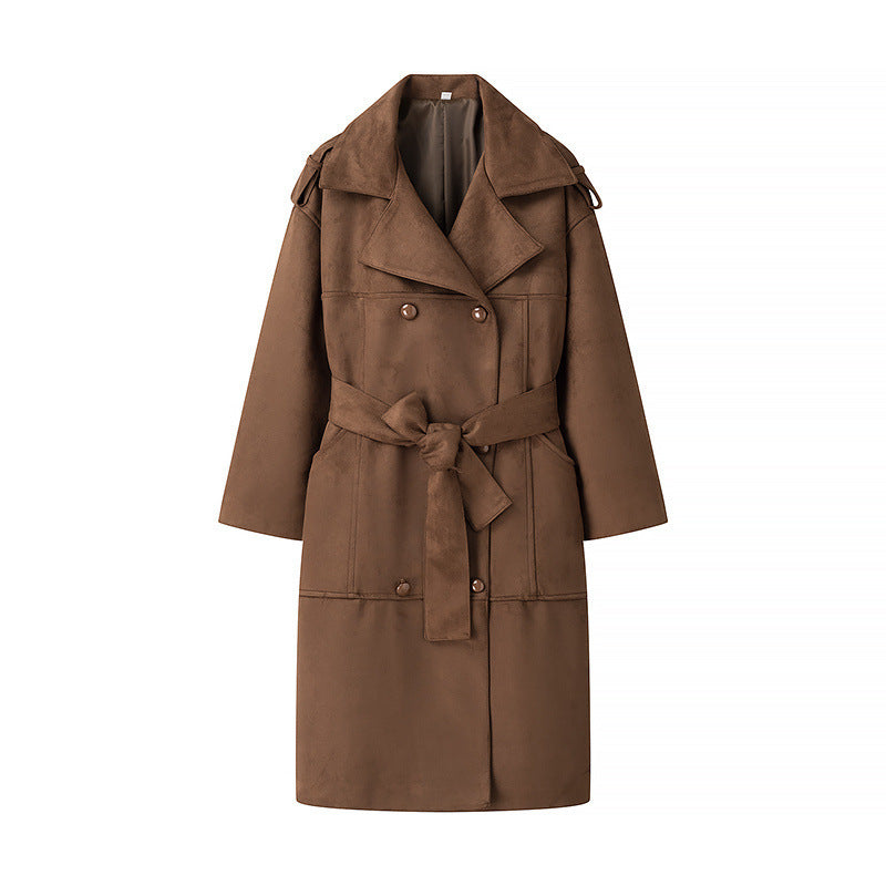 Dam Mid-length oversize trenchcoat gjord mocka look med double-breasted knappslå, shoulder epaulets och knytband