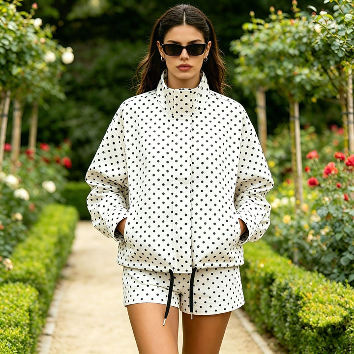 Dam Polka Dot Cropped blousonjacka med Stand krage och Drawstring