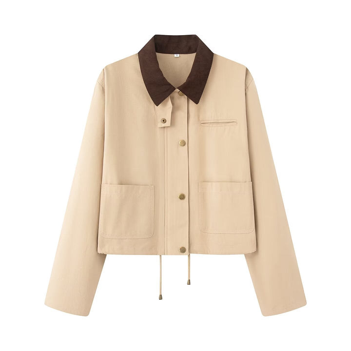 Dam Kort Boxig Övergångsjacka med Cord Krage, Drawstring och Patch Fickor