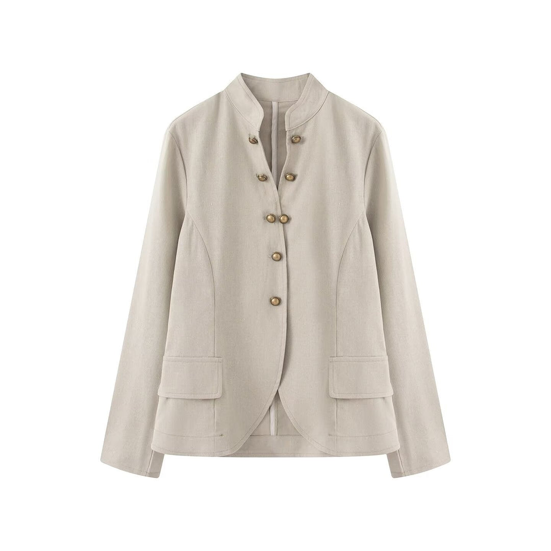 Dam Elegant Kort Jacka med Standing Krage, Dekorativ Toggle Knappar och Lock Fickor