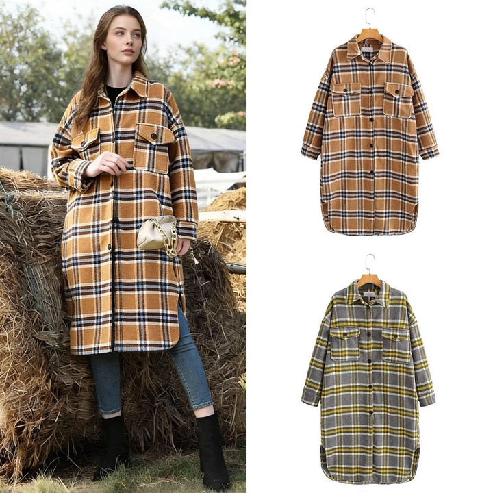Dam Oversized Check Skjorta Jacka i Lång Modell Skärning med Lapp Bröst Fickor